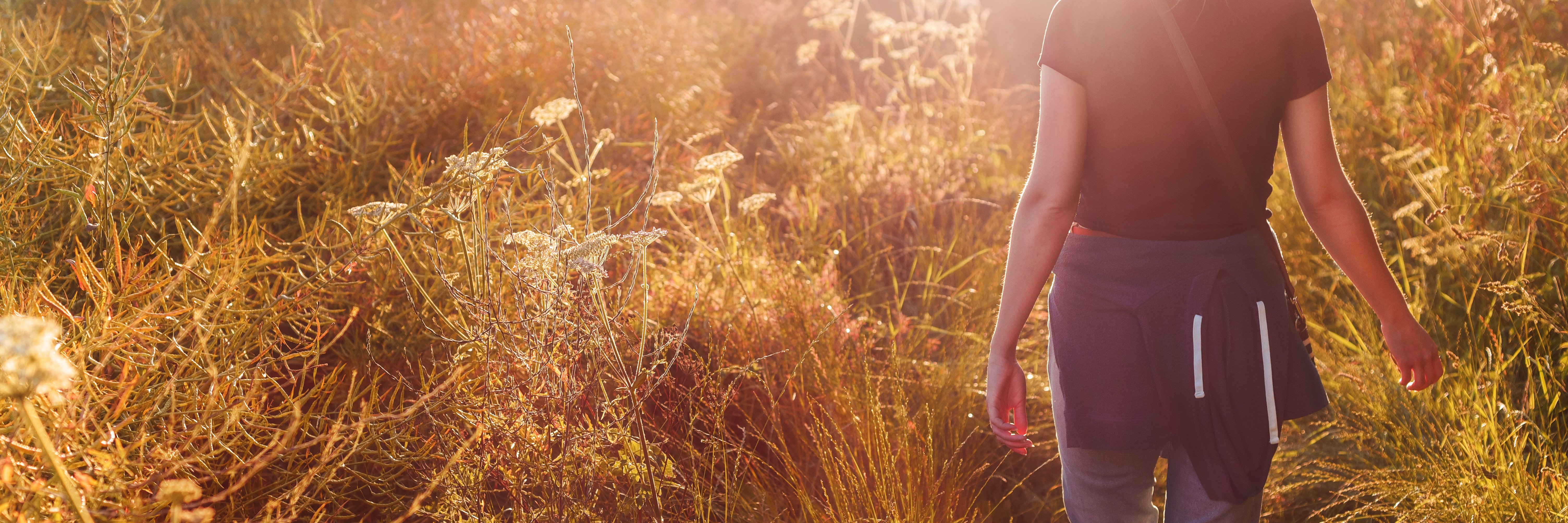 Kobieta spacerująca po naturalnym krajobrazie w promieniach słońca. Symbol zrównoważonego rozwoju i świadomości ekologicznej w APCOA. 